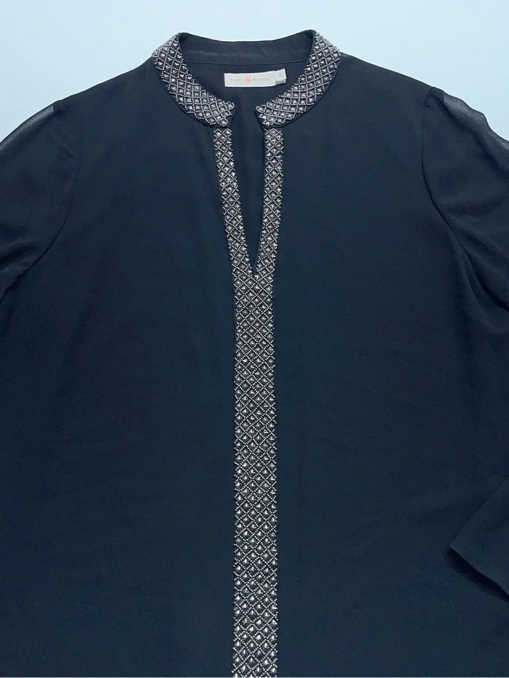 Tory Burch Silk Blouse Womens Size 10 Black Embellished Long Sleeve Front Lined
